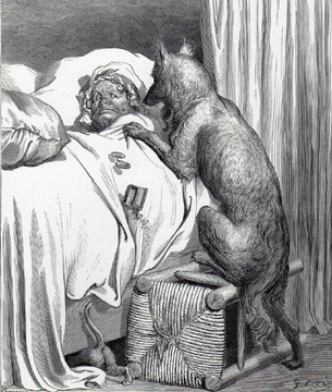 Gustave Dor�, Little Red Riding Hood III, 1880, woodcut on thick wove paper after the original by master wood engraver Adolphe Francois Pannemaker at Wikimedia Commons.