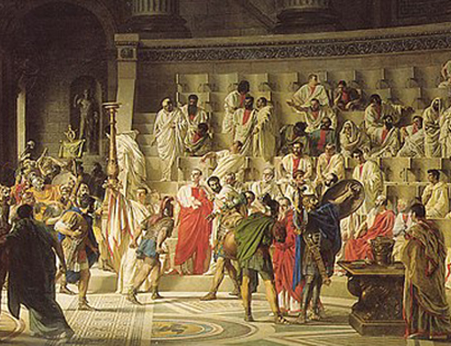 The last senate of Julius Caesar by Raffaele Giannetti.Courtesy of Wikimedia Commons.